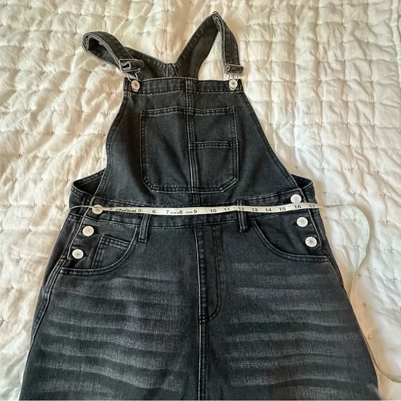 Washed Black Denim Overalls with Front Bib Pocket - Picture 6 of 7